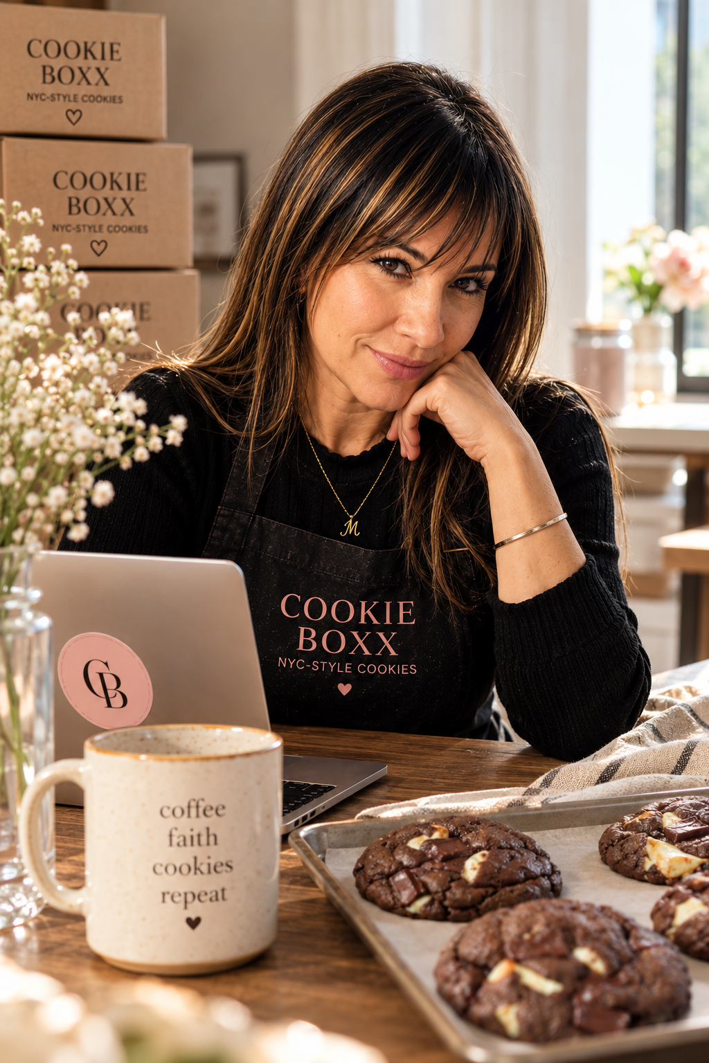 CookieBoxx founder in her branded apron beside handcrafted NYC-style gourmet chocolate cookies.