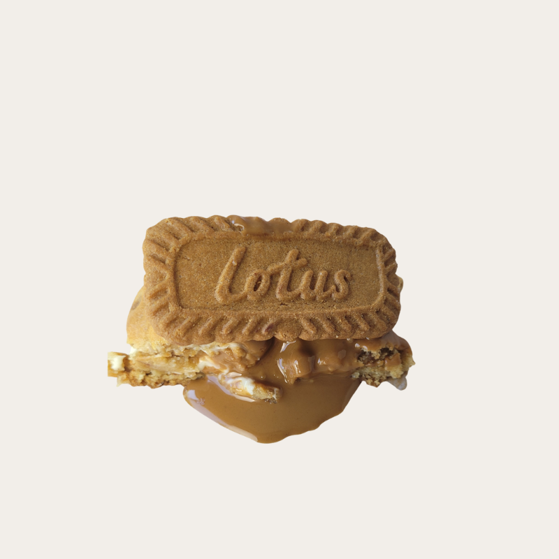 Gooey Biscoff cookie butter stuffed cookies with melted center and Lotus Biscoff topping