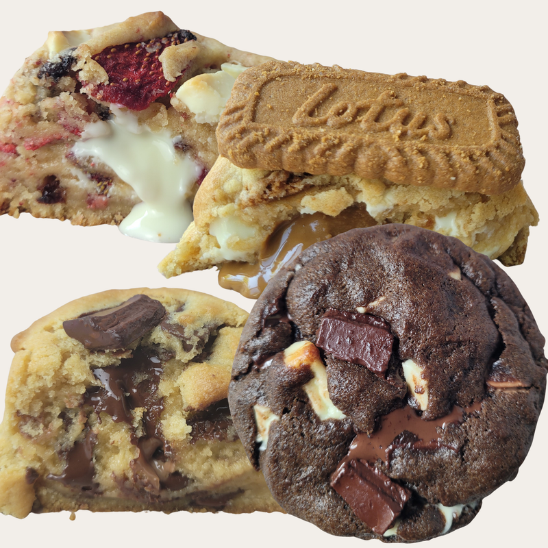Build Your Own Cookie Box from CookieBoxx featuring customizable NYC-style gourmet cookies including Chocolate Chip Chunk, Triple Chocolate Chunk, Strawberry Shortcake, and Biscoff Cookie Butter cookies.