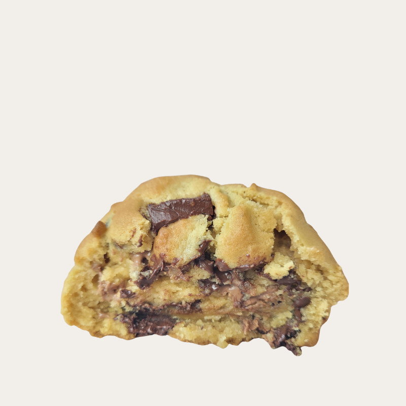 “Gooey chocolate chunk cookie with melted Belgian chocolate center”