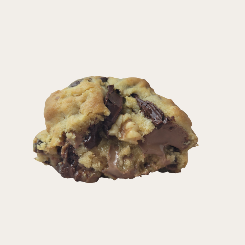 “Gooey chocolate walnut cookie with melted Belgian chocolate center and roasted walnuts”