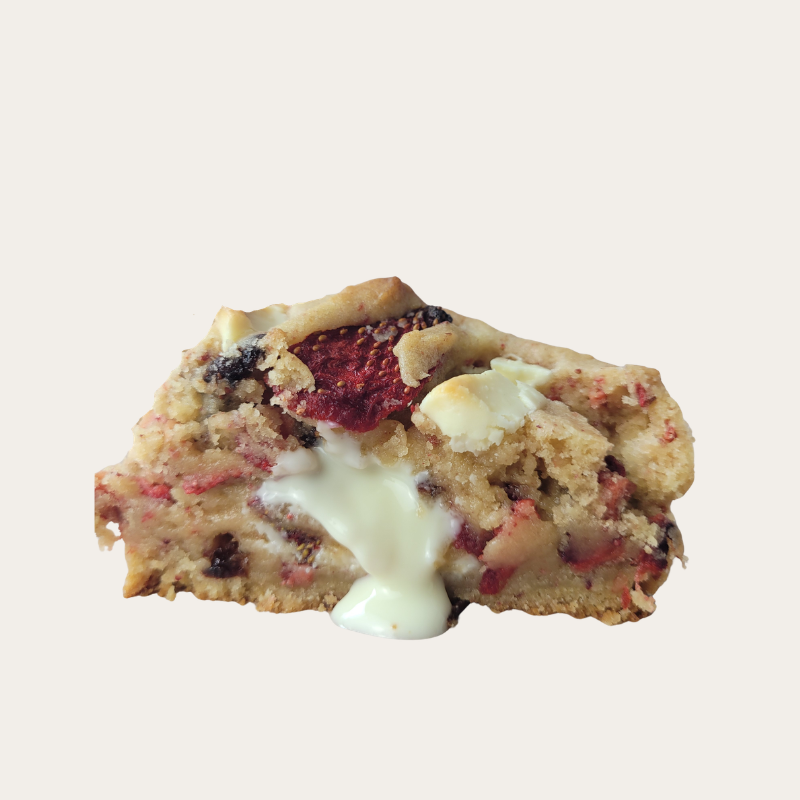 Gooey Strawberry Shortcake stuffed cookies with melted white chocolate center